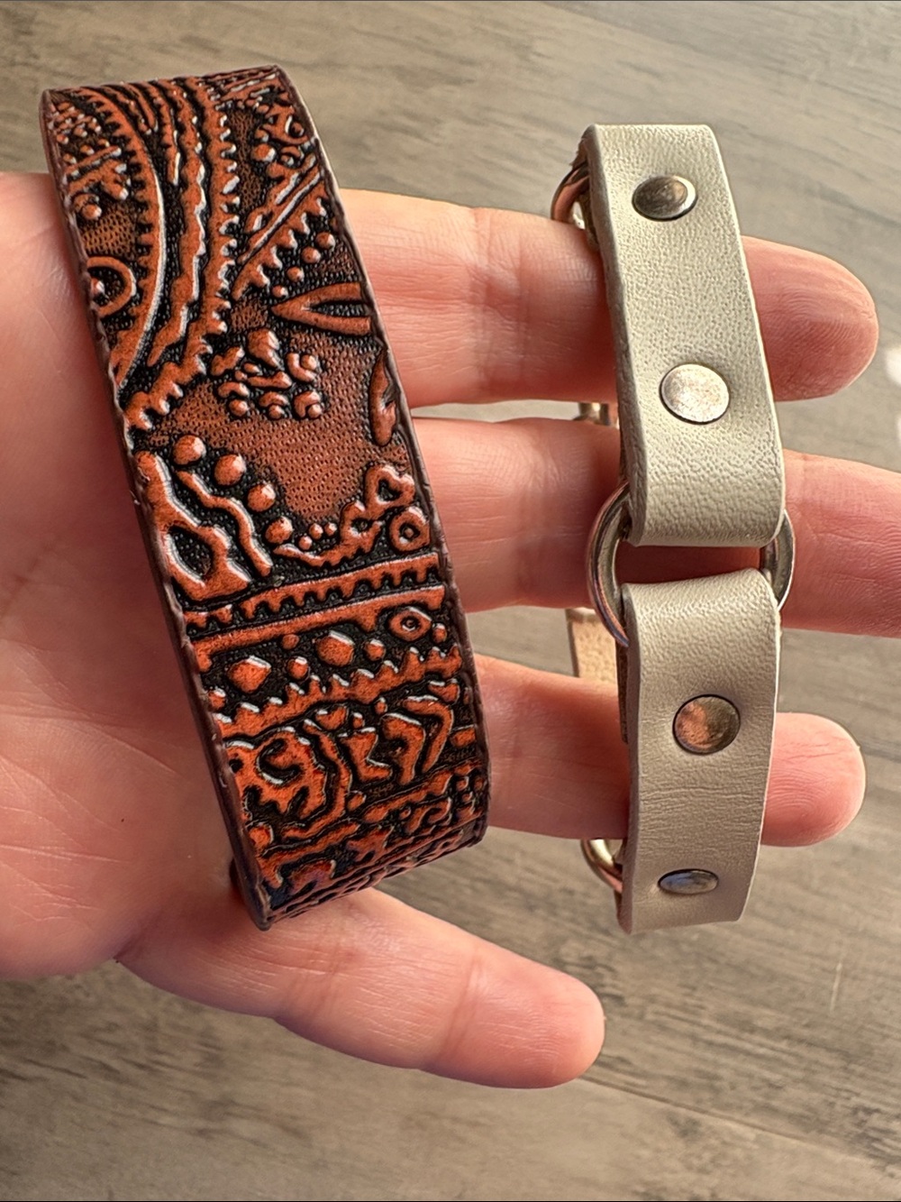 Handcrafted Tooled Brown Leather Bracelet with Silver Accent Strap